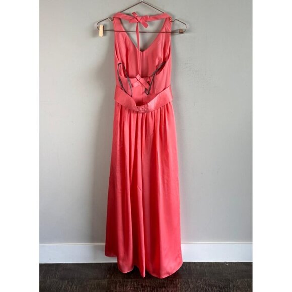 Vera Wang Coral Halter Gown V-Neck Bow Back Slit Skirt Satin Formal Dress Size 2 - Picture 4 of 12